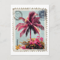 Tropical Pink Palm Postage Stamp Vintage Beach T‑S