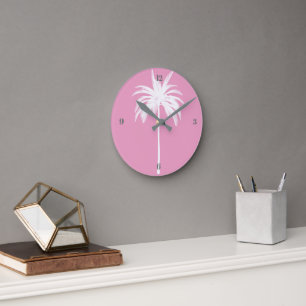 Tropical Pink Palm Tree Elegant Modern Round Clock