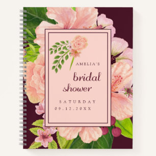 Tropical Pink Peach Floral Burgundy Bridal Shower Notebook