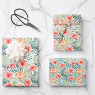 Tropical Pink Peach Hibiscus Floral   Wrapping Paper Sheet