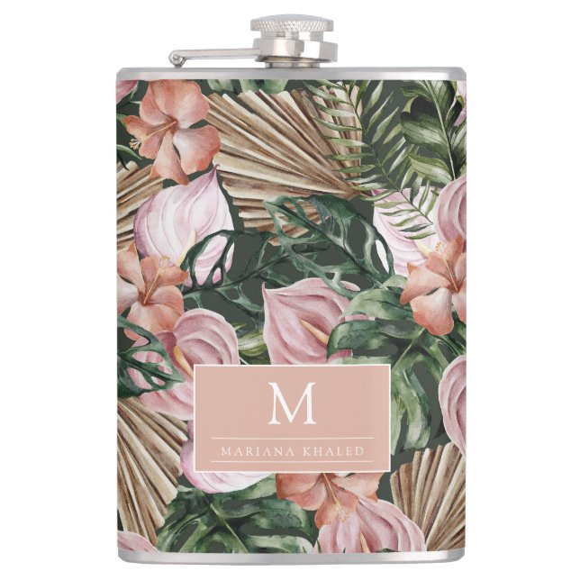 Tropical Pink Peache flowers leaves jungle  Hip Flask (Front)