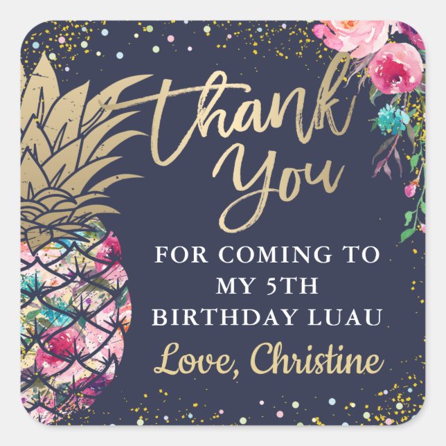 Tropical Pink Pineapple Floral Navy Blue Thank You Square Sticker (Front)