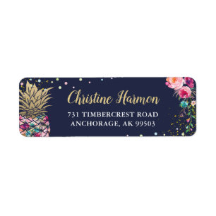 Tropical Pink Pineapple Navy Blue Return Address Label