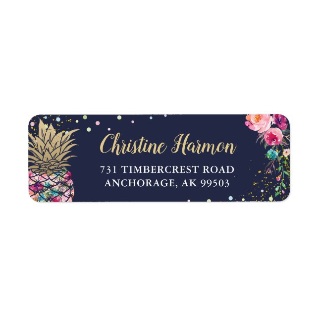 Tropical Pink Pineapple Navy Blue Return Address Label (Front)