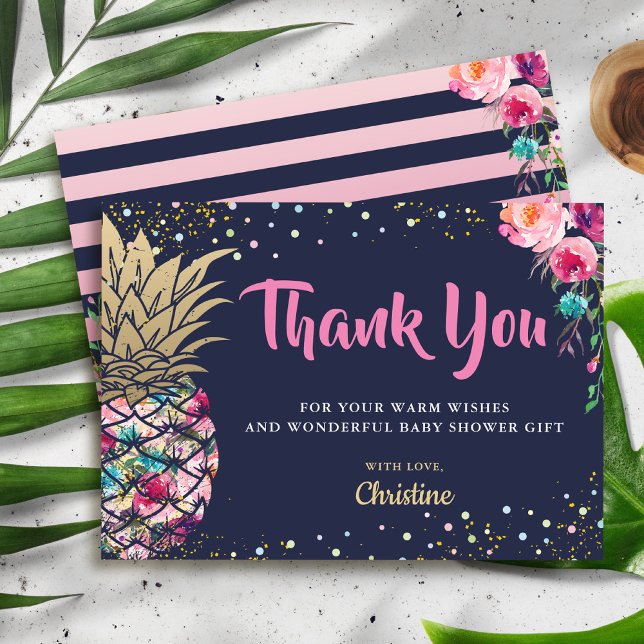 Tropical Pink Pineapple Navy Blue Thank you Card (Creator Uploaded)