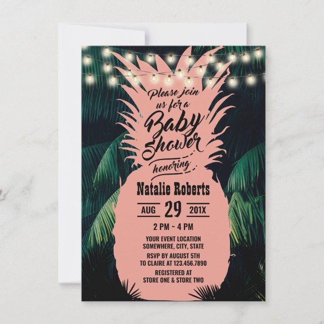 Tropical Pink Pineapple Palm Tree Baby Shower Invitation (Front)