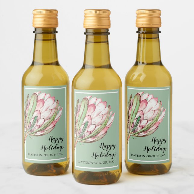 Tropical Pink Protea Floral on Mint MINI Wine Label (Bottles)
