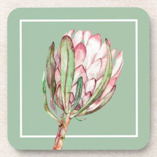 Tropical Pink Protea Floral on Mint Plastic Coaster