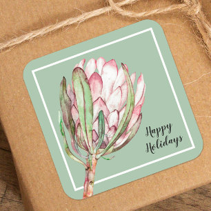 Tropical Pink Protea Floral on Mint Square Sticker
