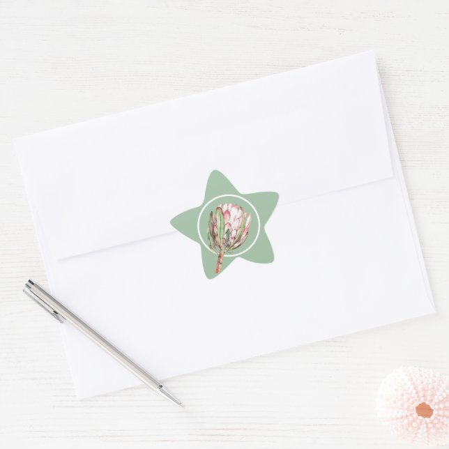 Tropical Pink Protea Floral on Mint Star Sticker (Envelope)