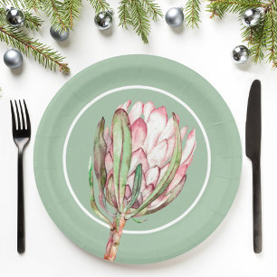 Tropical Pink Protea Floral Party Paper Plate