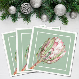 Tropical Pink Protea Flower on Mint Party Napkin