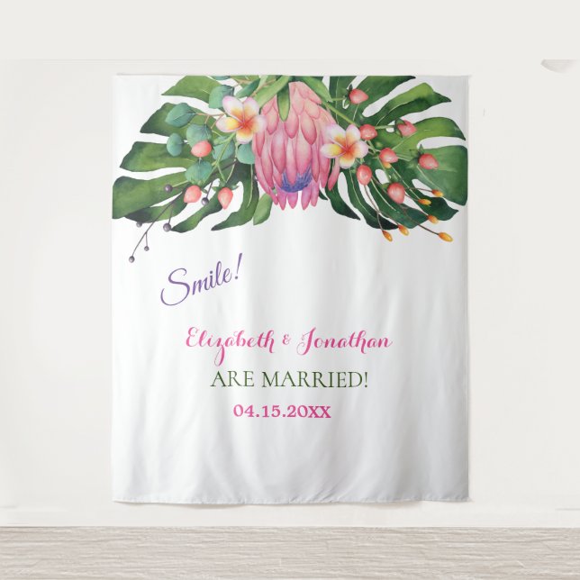 Tropical Pink Protea Wedding Photo Booth Backdrop Tapestry (Front)