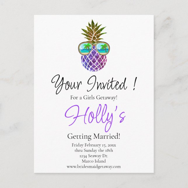 Tropical pink purple pineapple Bachelorette invite Postcard (Front)