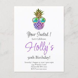 Tropical pink purple pineapple Birthday party Postcard