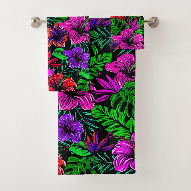 Tropical Pink Red Purple Hibiscus Flower Bath Towel Set (Insitu)