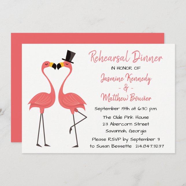 Tropical Pink Rehearsal Dinner Flamingo Wedding Invitation (Front/Back)