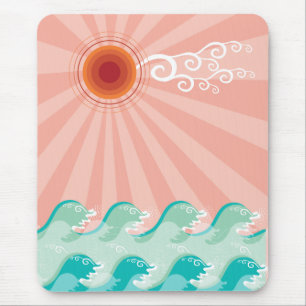 Tropical Pink Sun Aqua Waves Summer Beach Ocean Mouse Pad