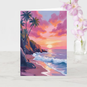 Tropical Pink Sunset Ocean Watercolor Card