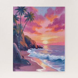 Tropical Pink Sunset Ocean Watercolor Jigsaw Puzzle