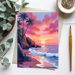 Tropical Pink Sunset Ocean Watercolor Postcard