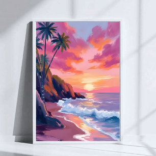 Tropical Pink Sunset Ocean Watercolor Poster
