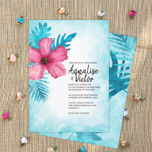 Tropical Pink Turquoise Hibiscus Island Wedding Invitation