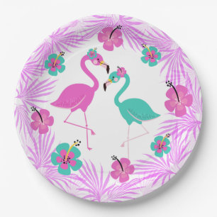Tropical Pink Turquoise Palms Flamingo 9" Paper Plate