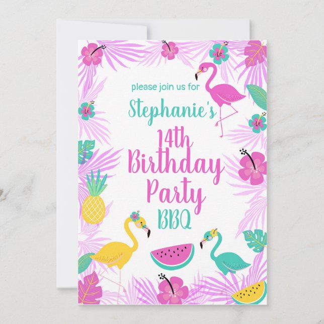 Tropical Pink Turquoise Palms Flamingo Birthday Invitation (Front)