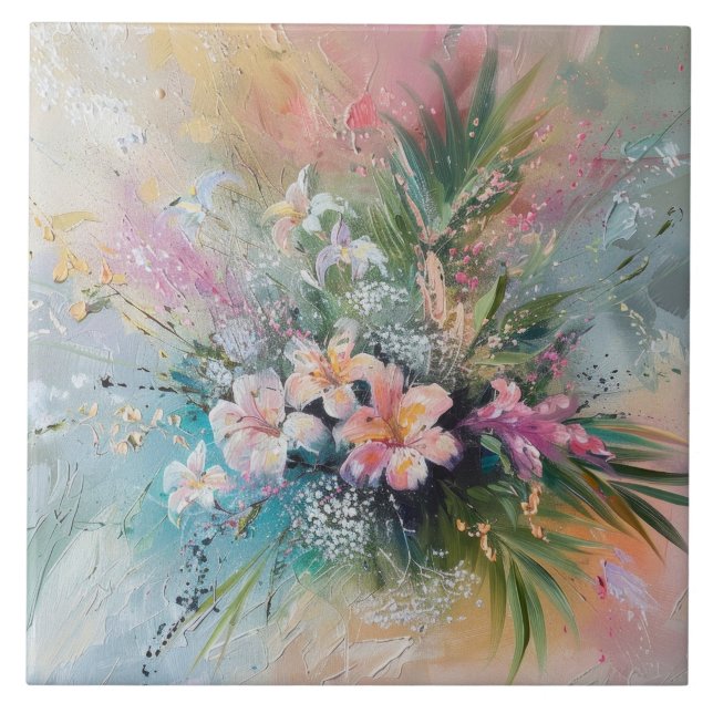 Tropical Pink White Flowers Ceramic Tile (Front)