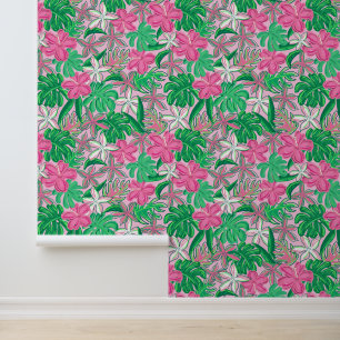 Tropical Pink White Flowers with Palm Leaves Wallpaper