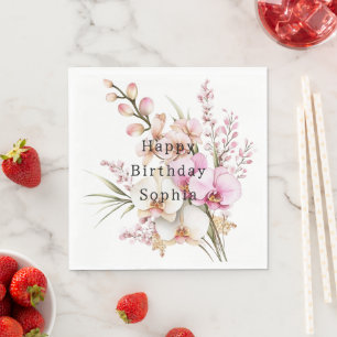 Tropical Pink White Orchid Flowers Birthday Napkin