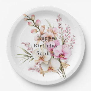 Tropical Pink White Orchid Flowers Birthday Paper Plate