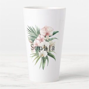 Tropical Pink White Orchid Leaves Flowers Birthday Latte Mug