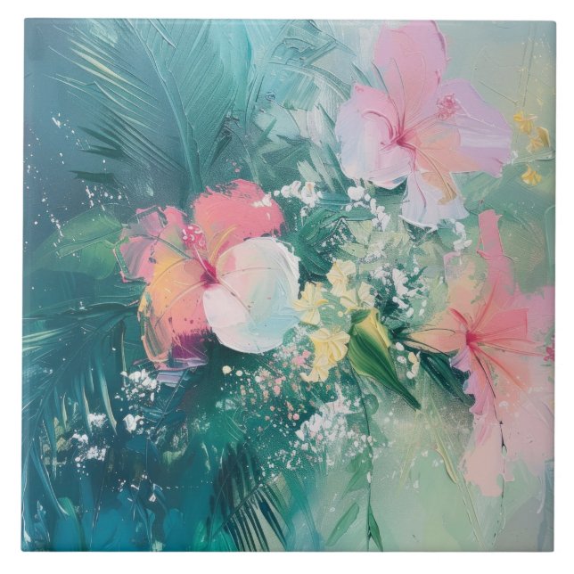 Tropical Pink White Yellow Floral Ceramic Tile (Front)