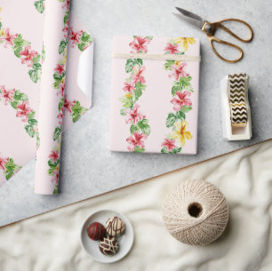 Tropical Pink Yellow Hibiscus Flowers Birthday Wrapping Paper