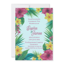 Tropical Pink Yellow Hibiscus Mint Wedding Invitat