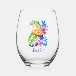 Tropical Plants and Flamingo Personalised Stemless Wine Glass
