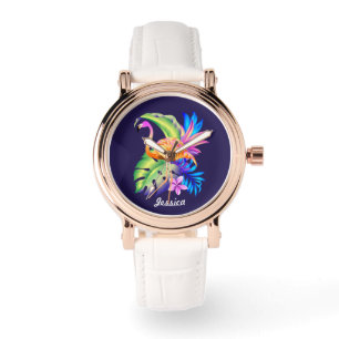 Tropical Plants and Flamingo Personalised Watch