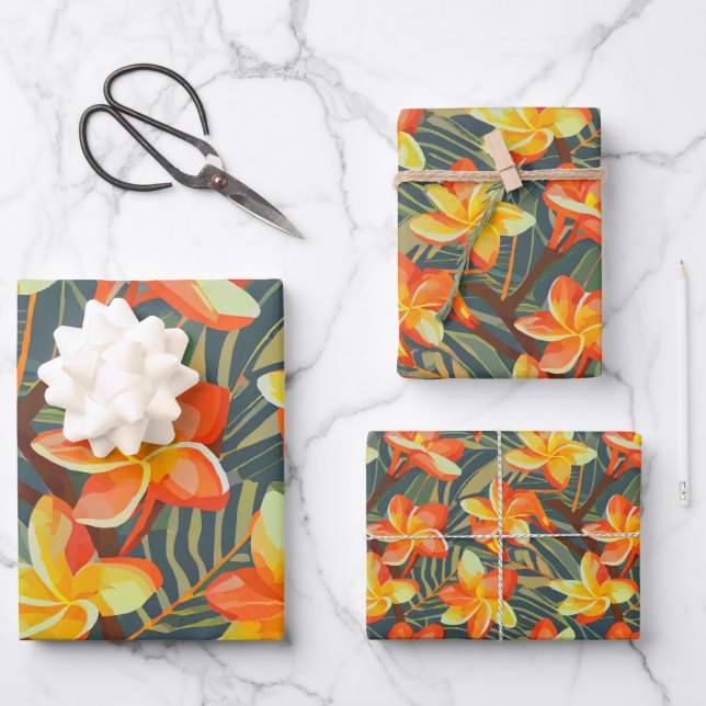 Tropical plants and flowers pattern wrapping paper sheet (Front)