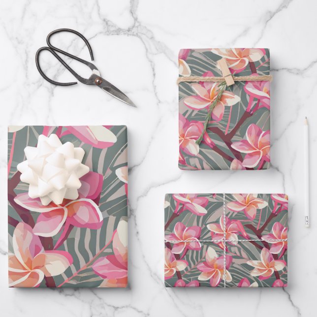 Tropical plants and flowers pattern wrapping paper sheet (Front)