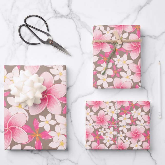 Tropical plants and flowers pattern wrapping paper sheet (Front)