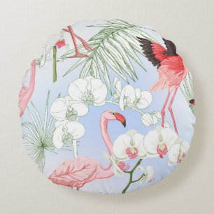 Tropical plants and flowers. Seamless pattern, bac Round Cushion