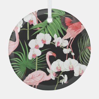 Tropical Plants Birds Coloured Illustration Glass Tree Decoration