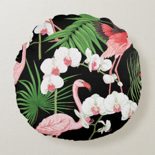 Tropical Plants Birds Coloured Illustration Round Cushion