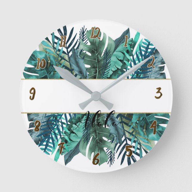 Tropical Plants Botanical Leaves Tropics Chic Round Clock (Front)