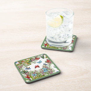 Tropical Plants Butterflies Berries Red Blue Coaster