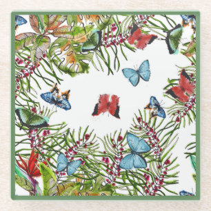 Tropical Plants Butterflies Berries Red Blue Glass Coaster