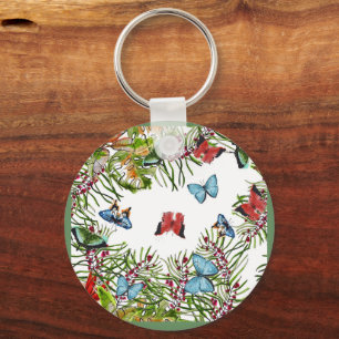 Tropical Plants Butterflies Berries Red Blue Key Ring