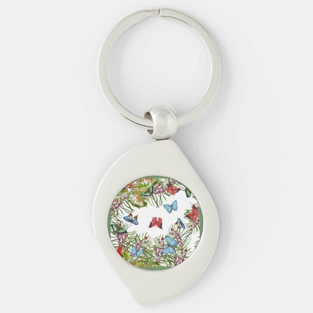 Tropical Plants Butterflies Berries Red Blue       Key Ring (Front)